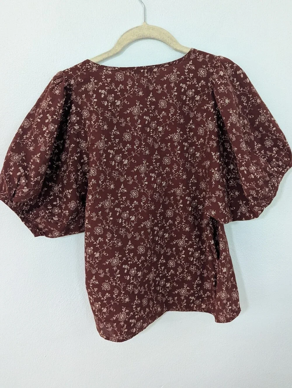 Madewell V Neck Puff Sleeve Floral Print Blouse Woven Burgundy Beige Small S